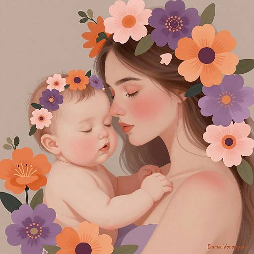 Digital Illustration of Mother and Baby with Floral Crowns