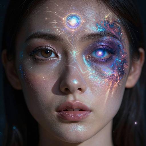 Photograph of a young woman with glowing, cosmic face paint on her forehead and right eye, featuring blue, purple, and white lights, against a