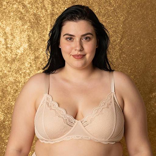 Plus-Size Woman in Beige Lace Bra