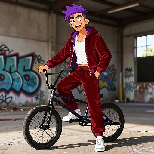 Teen Male BMX Rider in Red Velvet Tracksuit