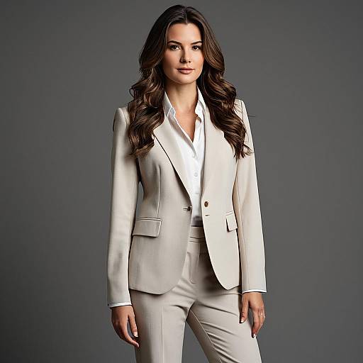 Confident Woman in Light Beige Pantsuit