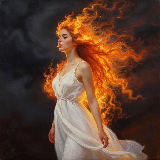 Digital painting of a fair-skinned woman with fiery red-orange hair, wearing a flowing white dress, against a dark background. Her hair resembles flames,