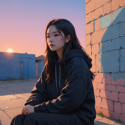Anime Woman at Sunset by Rustic Wall