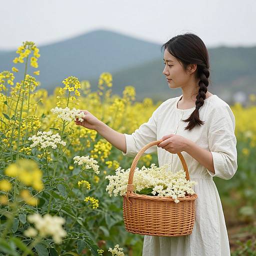 Asian woman with braided black hair in white dress, picking yellow flowers, holding wicker basket filled with blooms, lush field backdrop.