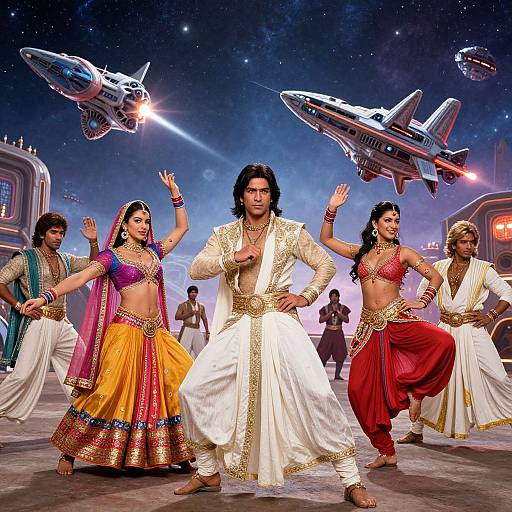 Photograph of Bollywood dancers in colorful traditional attire, performing under a starry night sky with flying spacecraft, blending Indian culture with futuristic elements.