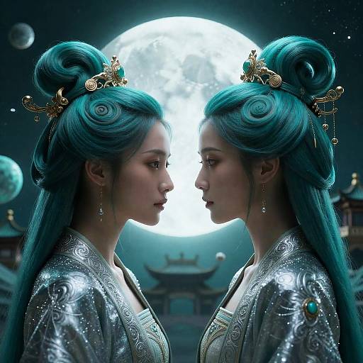 Surreal Twin Women Under Teal Moon