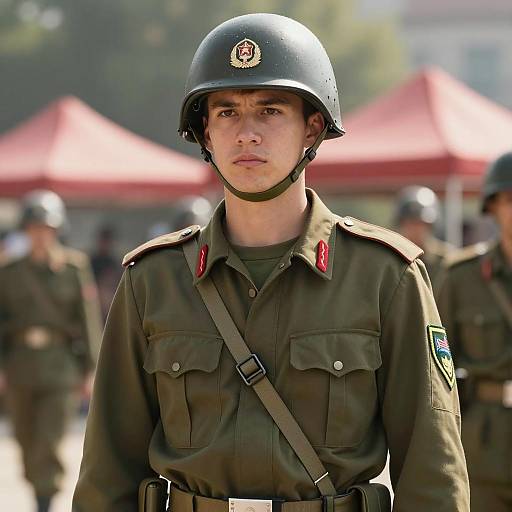 Young Soldier in Olive Green Military Uniform