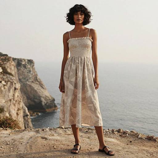 Photograph of a curly-haired woman in a white, patterned, sleeveless dress and sandals, standing on a rocky cliff overlooking a calm ocean.