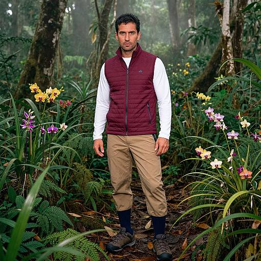 Photograph of a man with dark hair and beard, wearing a maroon vest, white shirt, beige pants, and boots, standing in a lush