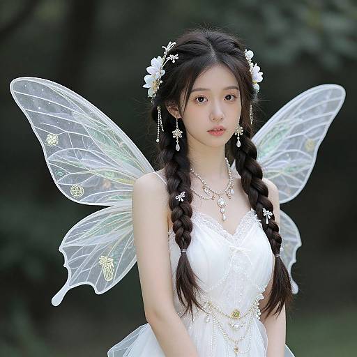 Photograph of an East Asian woman with long black braids, wearing a white lace dress, white flower hairpiece, and translucent fairy wings, set