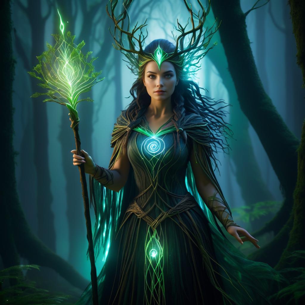 Enchanting Druid in Misty Forest