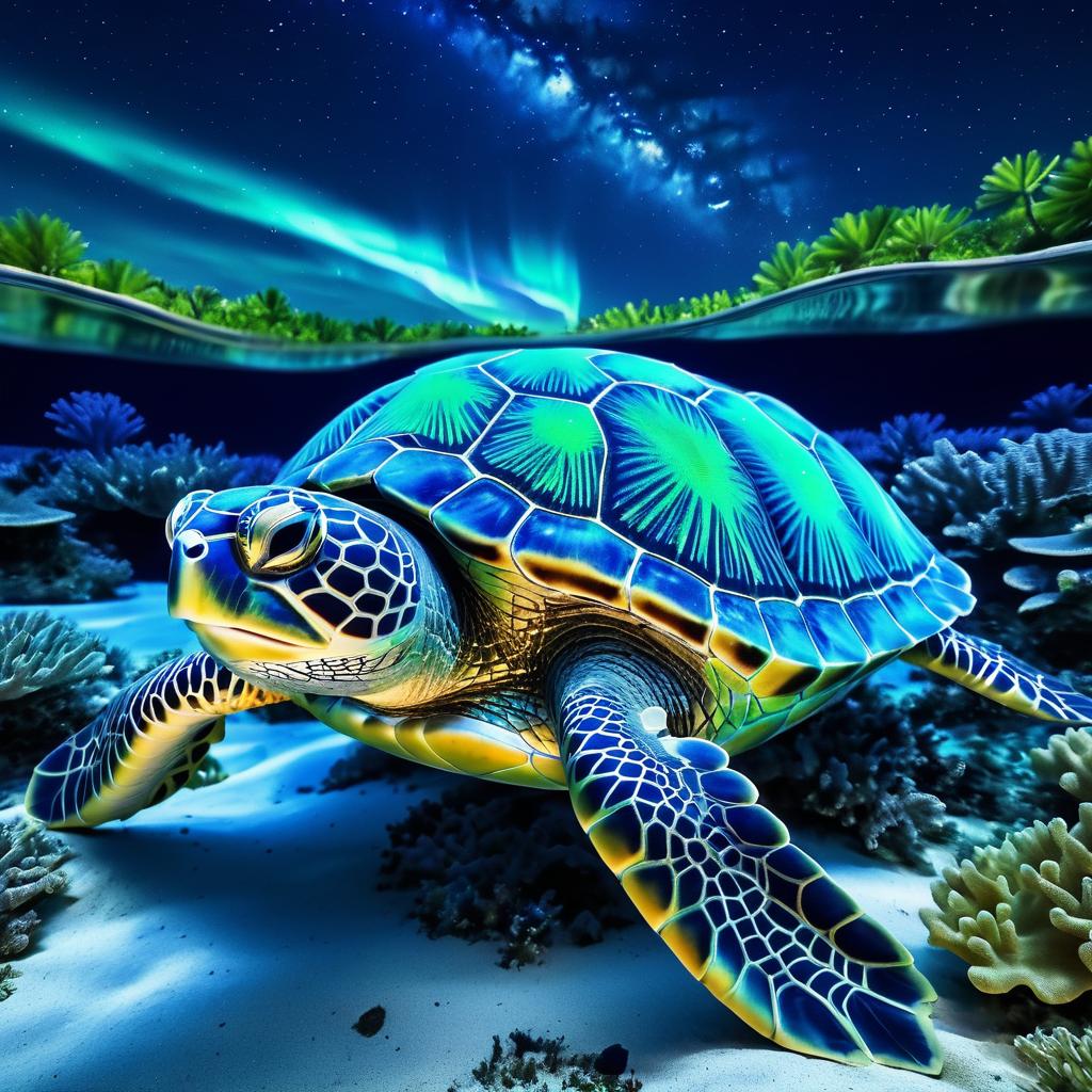 Surreal Bio-luminescent Turtle in Coral Reef