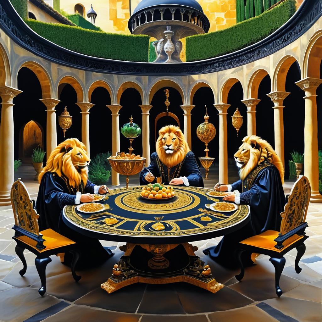 Regal Lions Dining in Surreal Courtyard