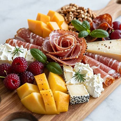 Photograph of a gourmet charcuterie board with sliced meats, cheese, fresh berries, yellow cheese cubes, basil, and nuts on a wooden pl