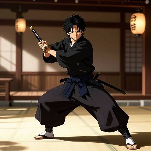 Anime-style digital drawing of a black-haired, serious-looking male samurai in a black kimono, holding a katana, standing in a sunlit