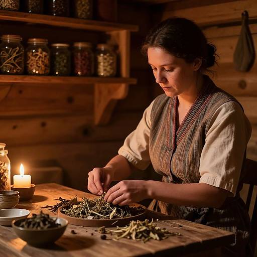 Photograph of a focused woman with dark hair, wearing a striped vest, sorting dried herbs in a warmly lit wooden kitchen.