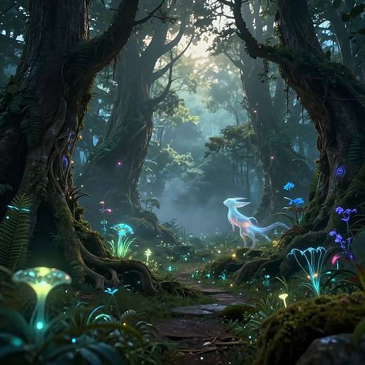 Digital fantasy art: Glowing ethereal white creature amidst enchanted forest, illuminated by bioluminescent mushrooms and flowers, surrounded by towering trees and mist