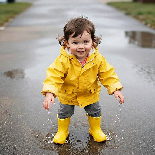 Photograph of a smiling toddler in a bright yellow raincoat and boots, splashing in a puddle on a wet sidewalk.