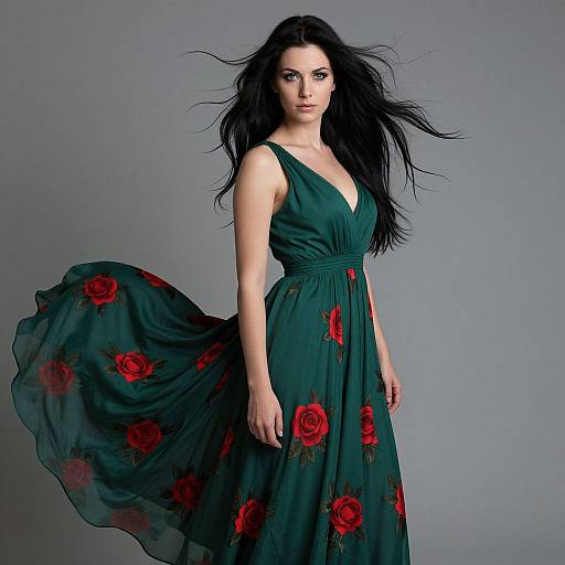 Photograph of a pale-skinned woman with long black hair, wearing a flowing dark green dress with red rose patterns, standing against a gray background,