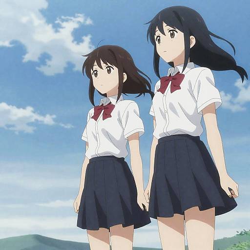 Anime girls standing under cloudy sky