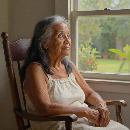 Photograph of an elderly woman with gray hair, blue eyes, and wrinkled skin, sitting in a wooden chair by a sunlit window, wearing