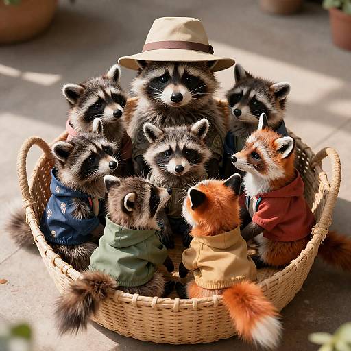 Group of Baby Fox and Raccoon Dolls in Basket