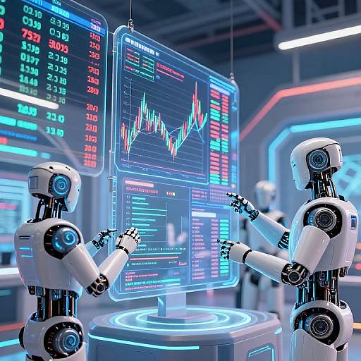 Photograph of two white humanoid robots with blue glowing eyes, interacting with a neon-lit financial screen displaying a colorful stock graph and digital data in a