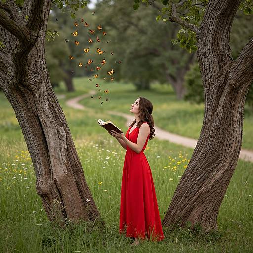 Photograph of a woman in a red dress standing between two trees, reading a book as butterflies float from the open book. Lush green meadow