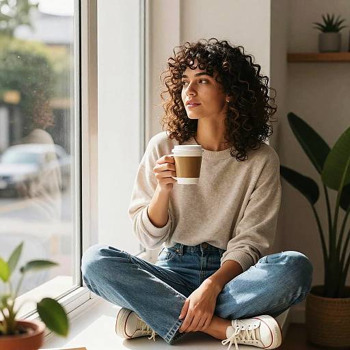 Photograph of a curly-haired woman in a white sweater and blue jeans, sitting cross-legged by a sunlit window, holding a coffee cup, with
