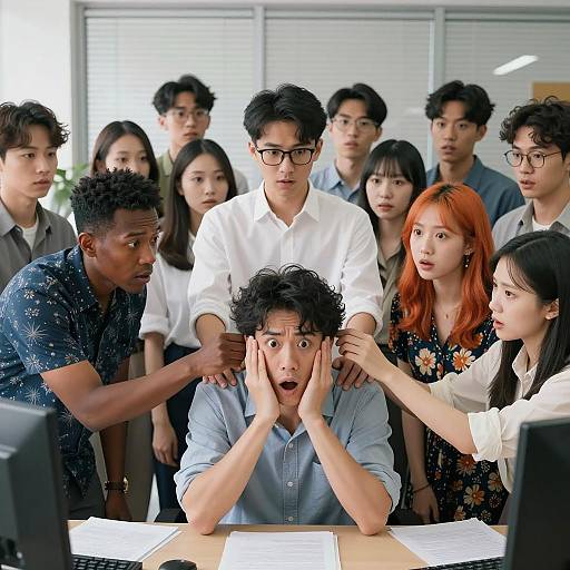 Shocked man surrounded by concerned colleagues in office