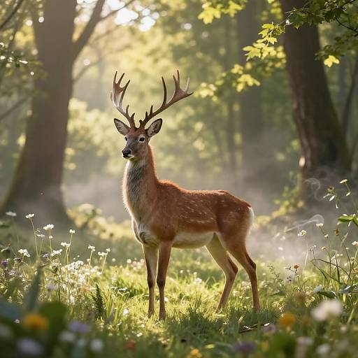 Photograph of a majestic deer with large antlers standing in a sunlit, misty forest clearing, surrounded by vibrant wildflowers and lush greenery