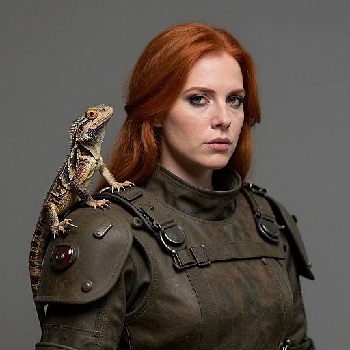 Photograph of a pale-skinned, red-haired woman with intense blue eyes, wearing dark armored clothing, with a large, detailed lizard perched on