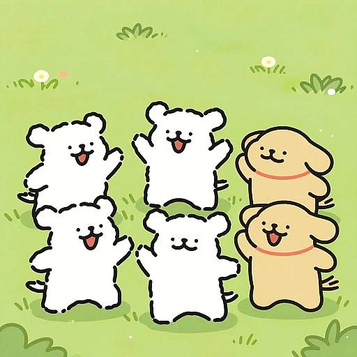 Cartoon drawing of five happy bears: four white, one yellow, dancing in a bright green grassy field with small white flowers.
