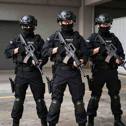 Photograph of three armed, masked police officers in black tactical gear and helmets standing in a parking garage, holding rifles.