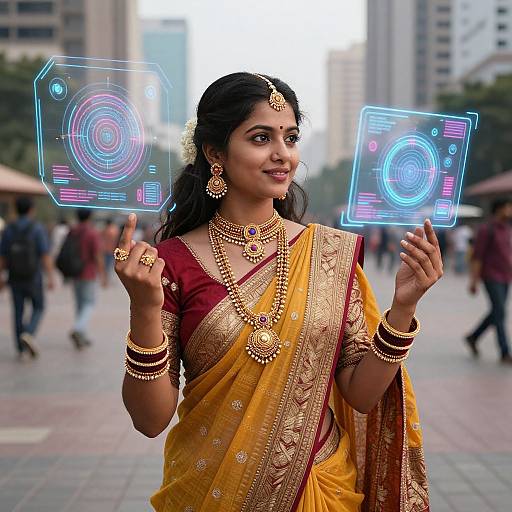 Photograph of a beautiful Indian woman in a gold and red sari, adorned with jewelry, holding glowing holographic interfaces in a bustling city square.
