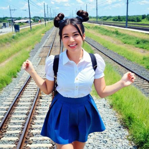 Smiling Girl at Train Station Outdoors