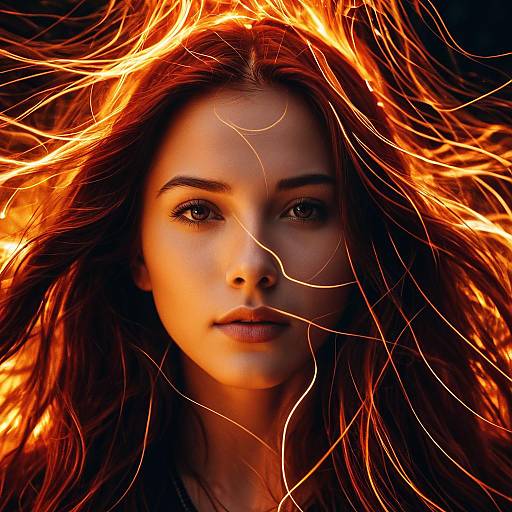 Young Woman with Fiery Flowing Hair and Glowing Waves