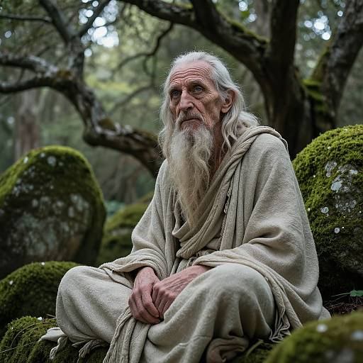 Enigmatic Old Sage in Mossy Forest Clearing