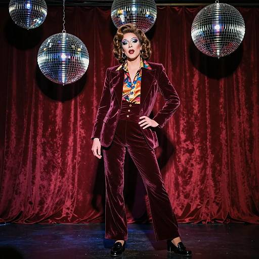 Photograph of a woman with curly brown hair, wearing a purple velvet suit, colorful necklace, and black shoes, standing confidently under three mirrored disco balls