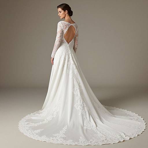 Photograph of a woman in a white, lace, long-sleeve, backless wedding gown with a floor-length, lace-trimmed train