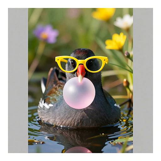 Moorhen Wearing Yellow Glasses Blowing Bubblegum