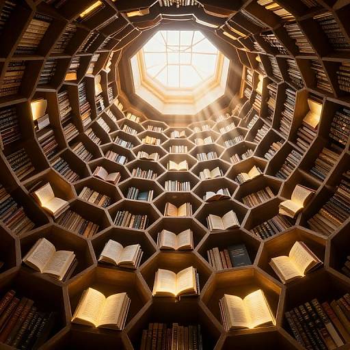 Photograph of a hexagonal bookshelf spiral staircase filled with open books, illuminated by sunlight from a central hexagonal skylight. Warm, golden