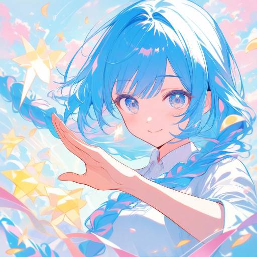 Cheerful Anime Woman in Pastel Cityscape