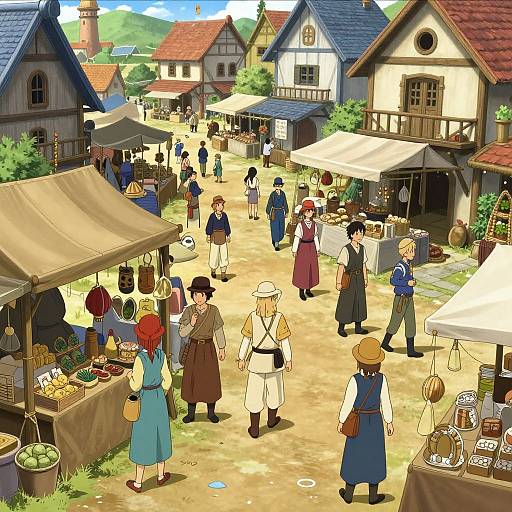 Colorful digital illustration of a bustling medieval village market with vendors, customers, and various stalls selling fruits, goods, and crafts.