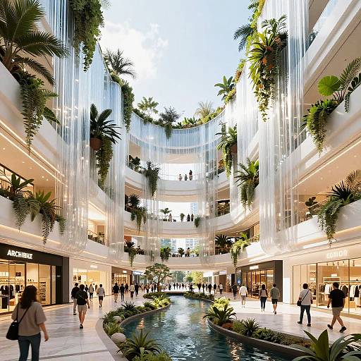 Modern Shopping Mall with Indoor Waterway and Hanging Plants