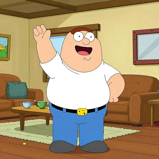 Cartoon of a chubby, smiling man with red hair, waving in a cozy living room with brown sofas, wooden table, and paintings. Wearing