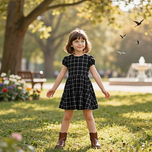 Photograph of a young girl with green eyes, wearing a black checkered dress and brown boots, standing in a sunlit park with birds flying.