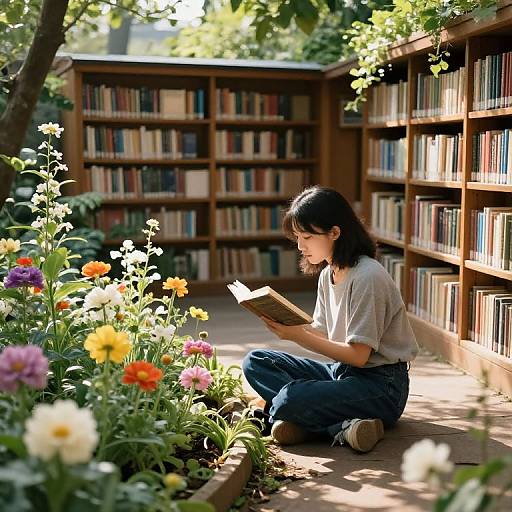 Photograph of an Asian woman with long black hair, wearing a white t-shirt and jeans, sitting cross-legged in a sunlit library garden, reading