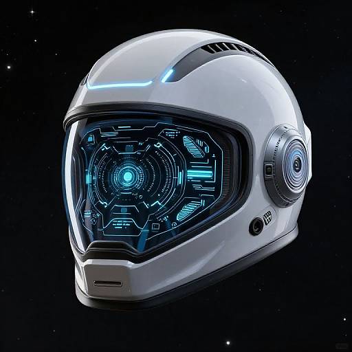 Photorealistic CGI of a sleek, white futuristic space helmet with a glowing blue, circuit-patterned visor against a starry black background.