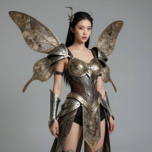 Digital artwork of an Asian woman with long black hair, wearing medieval-style metallic armor and large, intricate butterfly wings, standing against a plain gray background.